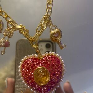 Swarovski Gold-Tone Pink Crystal Heart Pendant Necklace with Pearl Trim